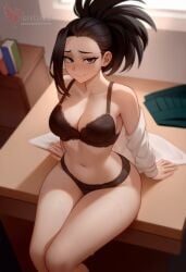1girls 2d ai_generated ass barefeet big_ass big_breasts black_bra black_hair black_panties boku_no_hero_academia bra breasts erophoenix feet female female_focus full_body indoors looking_at_viewer looking_back momo_yaoyorozu my_hero_academia navel nude pale_skinned_female panties patreon_username ponytail school_uniform smile soles solo solo_female sweat thick thick_thighs toes u.a._school_uniform uncensored underwear