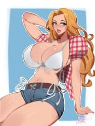 1girls artist_name big_breasts bikini_top bleach busty cleavage curvy jean_shorts kyopink light-skinned_female light_skin matsumoto_rangiku matsumoto_rangiku open_shirt orange_hair shorts small_waist thick_thighs