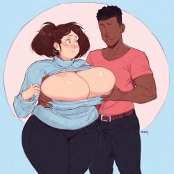ai_generated ai_mom bbw bbw_mom big_breasts blush boob_window breasts brown_hair chubby chubby_female curvaceous curvy_body curvy_female curvy_hips curvy_milf cute cute_face dark-skinned_male duo embarrassed embarrassed_female female grabbing grabbing_breasts groping groping_breasts huge_breasts large_breasts male mature_female milf plump sweater thick_thighs turtleneck venus_body voluptuous voluptuous_milf wide_hips your_mom