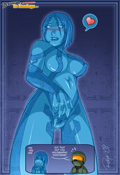 1boy 1girls 2d :3 ackanime areola artificial_intelligence blue_body blue_eyes blue_hair blush breasts clitoris cortana cortana_v2 drawn_to_bondage english_text female halo_(game) halo_(series) heart helmet hologram large_breasts male master_chief nipples nude open_mouth pussy shaved_pussy spoken_heart spread_pussy spreading text translated