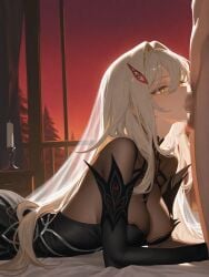 ai ai_art ai_assisted ai_generated big_breasts black_clothing cum fellatio genshin_impact goddess lying lying_on_stomach ronova_(genshin_impact) veil white_hair