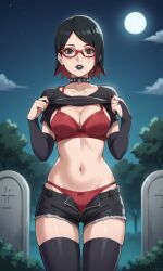 ai_generated ass bigmic145 black_hair boruto:_naruto_next_generations bra breasts bridal_gauntlets choker cleavage female glasses goth goth_girl gothic medium_breasts multicolored_hair naruto naruto_(series) navel panties red_hair sarada_uchiha shorts stripping t-shirt tease teasing thighhighs