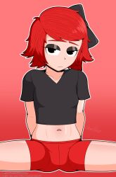 1girls black_eyes bow cypopps digital_drawing_(artwork) emberbaye exposed_midriff eyeshadow female legs_apart legs_spread red_hair shirt shorts simple_background sitting solo_female thighs youtube youtuber