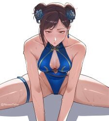 absurdres alternate_costume bare_arms bare_shoulders blue_flower blue_one-piece_swimsuit breasts brown_eyes brown_hair bun_with_braided_base capcom chun-li cleavage closed_mouth clothing_cutout commentary curvy double_bun earrings female flower gold_trim groin hair_bun hair_flower hair_ornament highleg highleg_one-piece_swimsuit highres jewelry lips looking_at_viewer medium_breasts nevee official_alternate_costume one-piece_swimsuit parted_bangs shiny_skin short_hair simple_background sitting solo spread_legs straight-on street_fighter street_fighter_6 swimsuit thigh_strap thong_one-piece_swimsuit wet white_background wide_hips