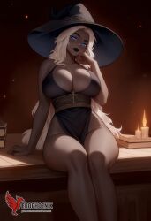 1girls 2d ai_generated ass barefeet big_ass black_body black_lips black_skin breasts dark-skinned_female dress elden_ring_nightreign erophoenix fantasy feet female female_focus full_body huge_breasts long_hair looking_at_viewer patreon_username recluse_(nightreign) solo solo_female sweat thick thick_thighs toes uncensored white_hair witch_hat