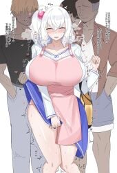 1girls 2025 2d 3boys apron bag blush bombergirl breasts breasts_bigger_than_head cheating cheating_wife child_bearing_hips clothed clothed_female collarbone curvaceous curvy curvy_body curvy_female curvy_figure dark-skinned_male dark_skin embarrassed embarrassed_female eyeless_male female female_focus hair_between_eyes half-closed_eyes heavy_breathing hi_res highres huge_breasts japanese_text light-skinned_female light_skin long_hair ltiki male mature_female molestation multiple_boys netorare ntr onomatopoeia open_mouth orange_eyes shiro_(bombergirl) simple_background skirt skirt_lift skirt_pull solo_focus sound_effects standing steam sweat sweatdrop sweating teeth text thick_thighs thigh_highs upper_teeth_only voluptuous voluptuous_female white_hair wide_hips