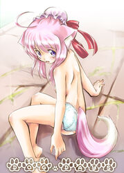 1girls blue_eyes blush bun_cover dasuto dog_days dog_ear dog_tail female flat_chest ground hair_bun millhiore_f_biscotti nipples no_shirt open_mouth panties paws pink_hair smile solo tail topless underwear underwear_only water