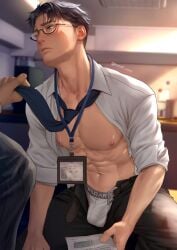 2boys abs bare_breasts big_areola black_eyes black_hair blurry_background boss_and_subordinate bulge bulge_through_clothing duo frown gay genital_outline glasses hi_res holding_object holding_paper indoors kneeling looking_up male male/male male_only mature_male minato_(mondi_xxx) mondi_xxx muscles muscular muscular_male name_tag navel necktie obedience office office_clothing office_sex open_mouth original original_character pecs pulling_clothing pulling_tie rolled_up_sleeves short_hair six_pack submissive submissive_male sweat sweatdrop unbuttoned white_shirt yaoi
