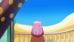 2025 20s aged_up animated anime_screenshot belt belt_buckle blue_sky bracelet brown_jacket character_name female female_focus jacket jewelry_bonney long_hair midriff one_piece pink_hair shirt short_shorts sitting solo suspenders tagme transformation white_shirt