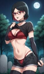 ai_generated ass bigmic145 black_hair boruto:_naruto_next_generations bra breasts bridal_gauntlets choker female glasses goth goth_girl gothic medium_breasts multicolored_hair naruto naruto_(series) navel panties red_hair sarada_uchiha shorts stripping t-shirt tease teasing thighhighs