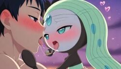 1boy 1girls after_kiss ai_generated aunovaguy blush enjoying female french_kiss imminent_sex in_love interspecies kissing looking_at_another looking_pleasured male male/female male_human/female_humanoid male_human/female_pokemon meloetta meloetta_(aria_form) mythical_pokemon pokemon pokemon_(species) pokephilia saliva saliva_string seductive_look tongue tongue_kiss tongue_out wanting_more