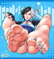 anus artist_signature blue_background blue_fingernails blue_makeup blush choker eyeliner female_focus fingerless_glove half-dressed hand_on_knee heart jacket lewdsaiga looking_at_viewer luna_snow_(marvel_rivals) marvel_rivals no_panties one_eye_closed pendant_choker pointing_up presenting_pussy pubic_hair pussy pussy_lips smiling_at_viewer tongue_out two_tone_hair wink