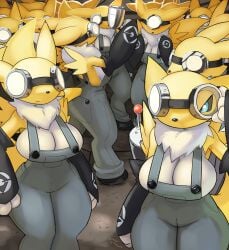 anthro anthro_female anthro_only ass big_ass big_breasts breasts clothed clothing despicable_me digimon digimon_(species) female female_only furry furry_female furry_only gloves goggles goggles_on_head minion multiple_girls no_nude overalls ozoneserpent renamon shortstack thick_thighs two_tone_body two_tone_fur white_fur wide_hips yellow_body yellow_fur