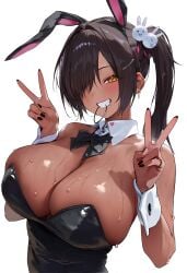 alternate_costume animal_ears black_leotard breasts brown_eyes dark-skinned_female dark_skin detached_collar dfm_(darknessdfm) double_v fake_animal_ears female goddess_of_victory:_nikke grin hair_over_one_eye highres large_breasts leotard long_hair looking_at_viewer naga_(nikke) playboy_bunny smile strapless strapless_leotard sweat symbol-only_commentary v wet white_background wrist_cuffs