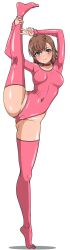 ass_visible_through_thighs asymmetrical_bangs athletic_leotard breasts brown_eyes brown_hair cameltoe closed_mouth covered_navel female flexible frozen_gingasan full_body hair_ornament hairpin highleg highleg_leotard highres holding_own_leg leg_lift leotard long_legs looking_at_viewer medium_breasts medium_hair misaka_mikoto pink_leotard pink_thighhighs smile split standing standing_on_one_leg standing_split thighhighs tiptoes toaru_kagaku_no_railgun toaru_majutsu_no_index v white_background