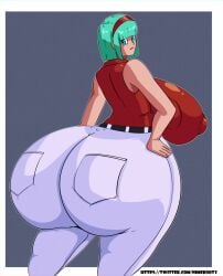 blue_eyes blue_hair breasts bulma_briefs clothed dragon_ball hands_on_hips huge_ass huge_breasts looking_at_viewer nimebooty seductive_look thick_ass thick_thighs