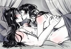 1boy 1boy1girl 1girls arm_around_neck arm_around_partner artist_name bandage bandaged_arm bed bed_sheet bedroom between_legs black_hair blush breast_press breasts completely_nude elenachatnoir greyscale hand_on_another's_shoulder in_bed jinshi_(kusuriya_no_hitorigoto) kissing kusuriya_no_hitorigoto lighting lipstick long_hair lying lying_on_bed lying_on_person lying_on_stomach male_nipples maomao_(kusuriya_no_hitorigoto) monochrome muscular muscular_male nipples purple_hair romantic romantic_couple scar scar_on_face sideboob small_breasts straight under_covers waking_up watermark wholesome