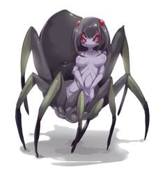 1girls abdomen arachnid black_hair breasts copyright_request drider female frfr hair insects monster_girl multi_eye red_eyes solo spider spider_girl topless