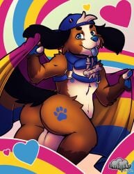 anthro axelspike backsack backwards_hat balls bean_eyebrows bird_dog blue_eyes blue_pawpads blue_tongue bondage_gear butt canid canine canis clothing cocker_spaniel collar domestic_dog footprint genitals hat headgear headwear hunting_dog lgbt_pride looking_at_viewer male mammal nipples pansexual_pride_colors pawpads pawprint pride_color_flag pride_colors slightly_chubby solo spaniel tongue tongue_out