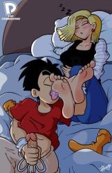 android_18 balls bed bedroom dick dp1up dragon_ball_super feet foot_fetish krillin kuririn licking meaty_soles penis sleeping toes unaware