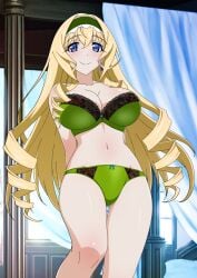 1girls arms_behind_back bed bedroom big_breasts blonde_hair blue_eyes bra breasts busty cecilia_alcott cleavage drill_hair female female_only green_bra green_panties hairband highres infinite_stratos large_breasts legs long_hair looking_at_viewer panties pose posing sexy smile solo thighs underwear very_long_hair voluptuous
