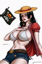 1girls artist_name big_breasts bikini_top black_hair blue_eyes boa_hancock busty earrings flag hand_on_breast jean_shorts light-skinned_female light_skin one_piece open_shirt prixmal shorts straw_hat