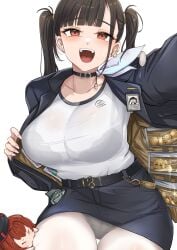 :d asymmetrical_bangs belt beret black_belt black_bra black_choker black_hair black_hat black_jacket black_skirt blunt_bangs bra bra_visible_through_clothes breasts choker collarbone commentary doro_(nikke) female goddess_of_victory:_nikke hat highres id_card jacket large_breasts long_hair long_sleeves looking_at_viewer miniskirt oerba_yun_fang open_clothes open_mouth panties panties_under_pantyhose pantyhose pantyshot pencil_skirt rapi_(nikke) rapi_(red_hood)_(nikke) red_eyes red_hair shirt simple_background skirt smile sora_(nikke) teeth thigh_biting twintails underwear upper_teeth_only white_background white_panties white_pantyhose white_shirt wireless_earphones yougenko