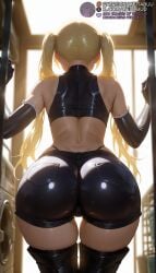 1girls ai_generated ass ass_focus back backlighting bare_shoulders black_footwear black_gloves black_shorts black_thighhighs blonde_hair blurry blurry_background boots crop_top elbow_gloves facing_away from_behind gloves highleg highleg_panties indoors latex latex_gloves latex_legwearlieselotte_sherlock long_hair median_furrow meitabuu midriff panties pocket shiny_clothes shirt short_shorts shorts skindentation sleeveless solo thigh_boots thigh_gap thighhighs thighs thong trinity_seven twintails underwear