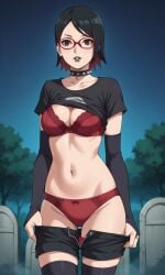 ai_generated ass bigmic145 black_hair boruto:_naruto_next_generations bra breasts bridal_gauntlets choker cleavage female glasses goth goth_girl gothic medium_breasts multicolored_hair naruto naruto_(series) navel panties red_hair sarada_uchiha shorts stripping t-shirt tease teasing thighhighs