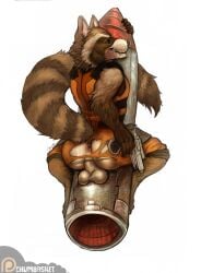 anthro balls brown_body brown_eyes brown_fur chumbasket clothed clothing fangs fur genitals glistening glistening_eyes grin guardians_of_the_galaxy gun hi_res holding_gun holding_object holding_ranged_weapon holding_weapon looking_at_viewer male male_anthro mammal markings marvel narrowed_eyes procyonid raccoon ranged_weapon rear_view rocket rocket_raccoon signature simple_background smile solo striped_markings striped_tail stripes tail tail_markings teeth torn_clothing weapon white_background white_balls white_body white_fur