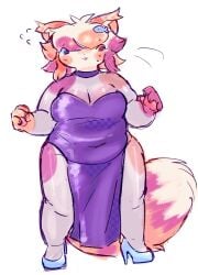 anthro big_breasts breasts busty busty_boy calico_cat chubby chubby_male domestic_cat dress fat_boy fat_male femboy furry high_heels long_dress male male_with_breasts minnow_(character) nervous