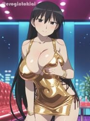 ai_generated azumanga_daiou big_breasts black_eyes black_hair bodycon bracelets breasts erogintokiai female gold_dress grabbing grabbing_breasts grabbing_own_breast huge_breasts indoors jewelry latex_clothing long_hair minidress navel sagging_breasts sakaki seductive_eyes seductive_look sexy_body sexy_clothing sexy_pose shiny_clothes soft_smile tight_clothing tight_dress