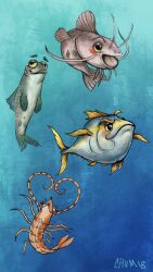 ambiguous_feral ambiguous_gender anus blush chumbasket feral fish glistening glistening_eyes grey_body group hi_res marine markings mouth_closed narrowed_eyes open_mouth orange_body simple_background white_body x_anus yellow_markings