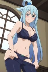 ai_generated alone aqua_(konosuba) bedroom blue_bra blue_leggings blue_panties blush bra female female_focus female_only front_view kono_subarashii_sekai_ni_shukufuku_wo! leggings leggings_down looking_at_viewer panties pinku.ai smirk