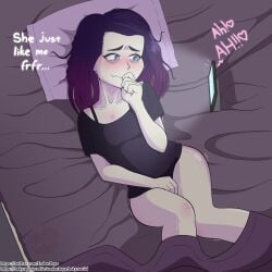 1girls bags_under_eyes bed bedroom blue_eyes blush bra_strap digital_drawing_(artwork) emberbaye eye_bags female femcel lydia_(emberbaye) lying lying_down lying_on_back lying_on_bed masturbation oc original_character pale_skin pillow purple_hair tablet text