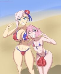 1boy 1boy1girl 1girls 4th_of_july astolfo_(fate) beach big_balls big_breasts big_butt big_penis bikini blue_eyes breasts bulge bulge_through_clothing fate/grand_order fate_(series) female grin head_on_breasts huge_ass huge_balls huge_breasts huge_cock kawaiiredpandas miyamoto_musashi_(fate) miyamoto_musashi_(swimsuit_berserker) otoko_no_ko peace_sign penis pink_eyes pink_hair sea seaside silver_hair smile smiling squish squished_breasts swimwear thick_thighs trap wink winking_at_viewer