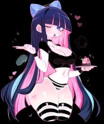 black_background bow breasts choker cleavage colored_inner_hair crop_top dark_purple_hair dessert detached_cuffs ear fork hi_res hime_cut legwear long_hair one_eye_closed open_mouth panty_&_stocking_with_garterbelt plate purple_eyes shimapan simple_background stocking_anarchy striped_legwear striped_panties tagme thick_thighs usa37107692