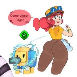 1boy 1girls ass ass_focus back_view brawl_stars brown_pants curvy_figure dialogue edgar_(brawl_stars) glasses hat jessie_(brawl_stars) light-skinned_female looking_at_another looking_back notwawita red_hair robot simple_background supercell yellow_shirt