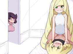 1futa 2d 2d_(artwork) 2girls age_difference bar_censor bare_shoulders big_hair black_tank_top blonde_hair blush bottomless braid breasts capelet censored cowgirl_position cum cumdrip dress female futa_with_female futanari glasses green_eyes height_difference incest large_breasts lillie_(pokemon) liveactors long_hair lusamine_(pokemon) mature_female mother_and_daughter multiple_girls on_bed peeping penis pink-framed_eyewear pink_sweater pinned pokemon pokemon_sm purple_hair red-framed_eyewear ribbed_sweater sex short_hair sleeveless sleeveless_dress straddling sweater sweater_guard tank_top turtleneck turtleneck_sweater twin_braids very_long_hair white_capelet white_dress wicke_(pokemon)