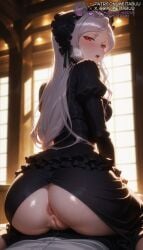 1boy 1girls ai_generated anus ass ass_focus black_dress blurry_background blush bonnetshalltear_bloodfallen breasts censored cowgirl_position dress frilled_dress frills from_behind gothic_lolita grey_hair hairband half-closed_eyes heavy_breathing indoors long_dress long_hair long_sleeves looking_at_viewer looking_back medium_breasts meitabuu mosaic_censoring no_panties open_mouth overlord_(maruyama) parted_bangs pov puffy_sleeves pussy pussy_juice red_eyes sitting sitting_on_person slit_pupils solo_focus straight sweat vampire white_hair window