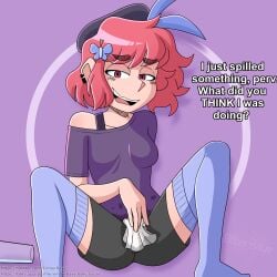 1girls blush_lines crunnchy digital_drawing_(artwork) ear_piercing earrings emberbaye female glass_cup hair_ornament hat looking_at_viewer off_shoulder open_mouth open_smile pink_eyes pink_hair shirt shorts simple_background spilled_drink stain text thighhighs youtube youtuber