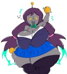 antennae ass big_ass big_breasts breasts female green_bowtie joke_explainer_7000 purple_hair robot robot_humanoid siivagunner skirt the_joke-explainer_7000 thestarrijennis waving yellow_eyes