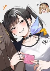 1boy 2girls absurdres anger_vein angry anis_(nikke) big_breasts black_choker black_eyes breasts choker commander_(nikke) condom condom_wrapper goddess_of_victory:_nikke grin highres holding holding_another's_arm holding_condom jealous jewelry large_breasts looking_at_viewer multiple_girls nigi_(ngmnoym) ring smile smug sora_(nikke) twintails