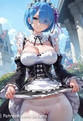 ai_generated belliora blue_eyes blue_hair blush breasts collarbone cowboy_shot female flower_knot from_above grabbing_own_breast hair_ornament hair_over_one_eye hair_ribbon heart indoors large_breasts leaning_forward looking_at_viewer navel nipples nude on_cloth open_mouth pink_ribbon re:zero_kara_hajimeru_isekai_seikatsu rem_(re:zero) ribbon saliva saliva_trail short_hair solo standing stomach sweat thighs tongue tongue_out x_hair_ornament