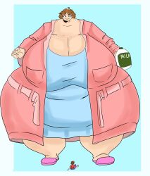 2023 5_fingers age_difference bathrobe belly big_belly big_breasts bottomwear breasts brown_hair cleavage clothed clothing denim_bottomwear denim_clothing digital_drawing_(artwork) digital_media_(artwork) duo ear_piercing ear_stud eyebrows eyelashes female fingers giant giantess hair holding_object huge_belly huge_breasts human hyper hyper_belly hyper_breasts hyper_calves hyper_thighs jeans larger_female larger_human lidded_eyes looking_at_another looking_down_at_another looking_up_at_another looming macro male mammal mature_female maturegiantess23 messy_hair milk milk_jug nightgown not_furry older_female overweight overweight_female pants piercing pockets raised_eyebrow robe shirt simple_background size_difference slippers smaller_human smaller_male smile smiling_at_another standing standing_over t-shirt thick_calves thick_thighs tiny topwear wide_hips younger_male