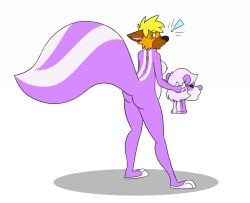 2016 anthro areola ass biped blonde_hair blue_eyes breasts brown_markings canid canine colored countershade_face countershade_fur countershade_torso countershading dune_(fox0808) exclamation_point female fox fox0808 fur looking_at_viewer looking_back mammal markings mephitid nipples nude orange_body orange_fur rear_view simple_background skunk skunk_tail solo standing stripes suit_transformation transformation white_background white_markings