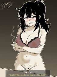 1girls alternate_version_available annoyed annoyed_expression areola_slip areolae arms_crossed arms_crossed_under_breasts big_breasts black_bra black_hair blush bottomless bra breasts cigarette cleavage do_you_want_to_pet_my_cat_(meme) english english_text female female_only green_eyes hair holding_object mature mature_female mature_woman meme meme_reference milf mother nipples nipples_visible_through_clothing pinkflamingoart ponytail pussy renee_graves shaved_crotch shaved_pussy smoke solo solo_female text text_box the_coffin_of_andy_and_leyley thighs tied_hair topwear vagina