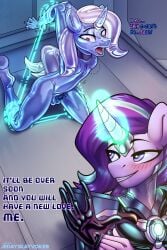 absurd_res animal_genitalia animal_penis anthro armor balls belt blue_latex blush bottomwear breast_reduction breasts clothing collar dialogue duo english_text equid equine equine_genitalia equine_penis eyebrows fan_character female femboy friendship_is_magic ftm_crossgender ftm_transformation gay gay_male gender_transformation genitals hair hands_above_head hasbro hi_res horn horn_jewelry horn_ring jedayskayvoker jewelry kneeling latex latex_body latex_creature latex_pony latex_skin living_latex magic_bondage magic_inhibitor magical_binding male male/female mammal my_little_pony mythological_creature mythological_equine mythology penis purple_hair purple_tail ring_(jewelry) rule_63 skinsuit spreading_shine_(kirisha) starlight_glimmer_(mlp) tail text tight_clothing topwear transformation translucent trixie_lulamoon under_boob undressing undressing_self unicorn yaoi