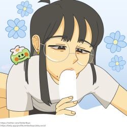 bangs beauty_mark black_hair blowjob censored censored_penis earrings flowers froggert_(yapsharlene) glasses holding_penis lips mole penis piercing shar shar_(yapsharlene) shirt simple_background sitting yapsharlene