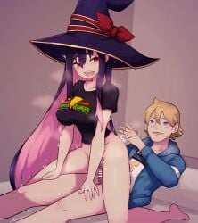 1boy absurdres ass_smack black_shirt blonde_hair blue_jacket breasts commission commissioner_upload covered_nipples female glasses hat highres jacket lamb-oic029 large_breasts mighty_morphin_power_rangers multicolored_hair pink_hair power_rangers purple_hair reverse_cowgirl_position sentai_red_ga_isekai_de_boukensha_ni_naru shirt skeb_commission smile straddling two-tone_hair white_shirt william_cranston witch_hat yihdra_arvoln